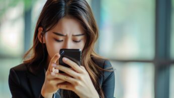 Young busy stressed upset Asian business woman holding cellphone