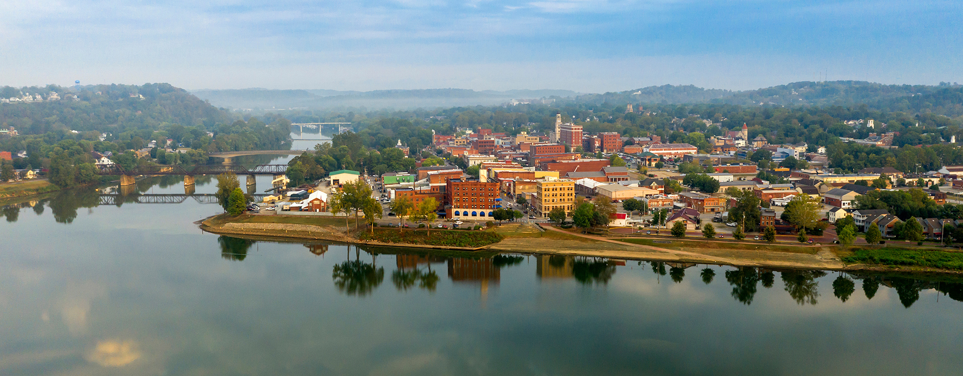 Foggy Morning Over the River and Main Street Marietta Ohio Washi